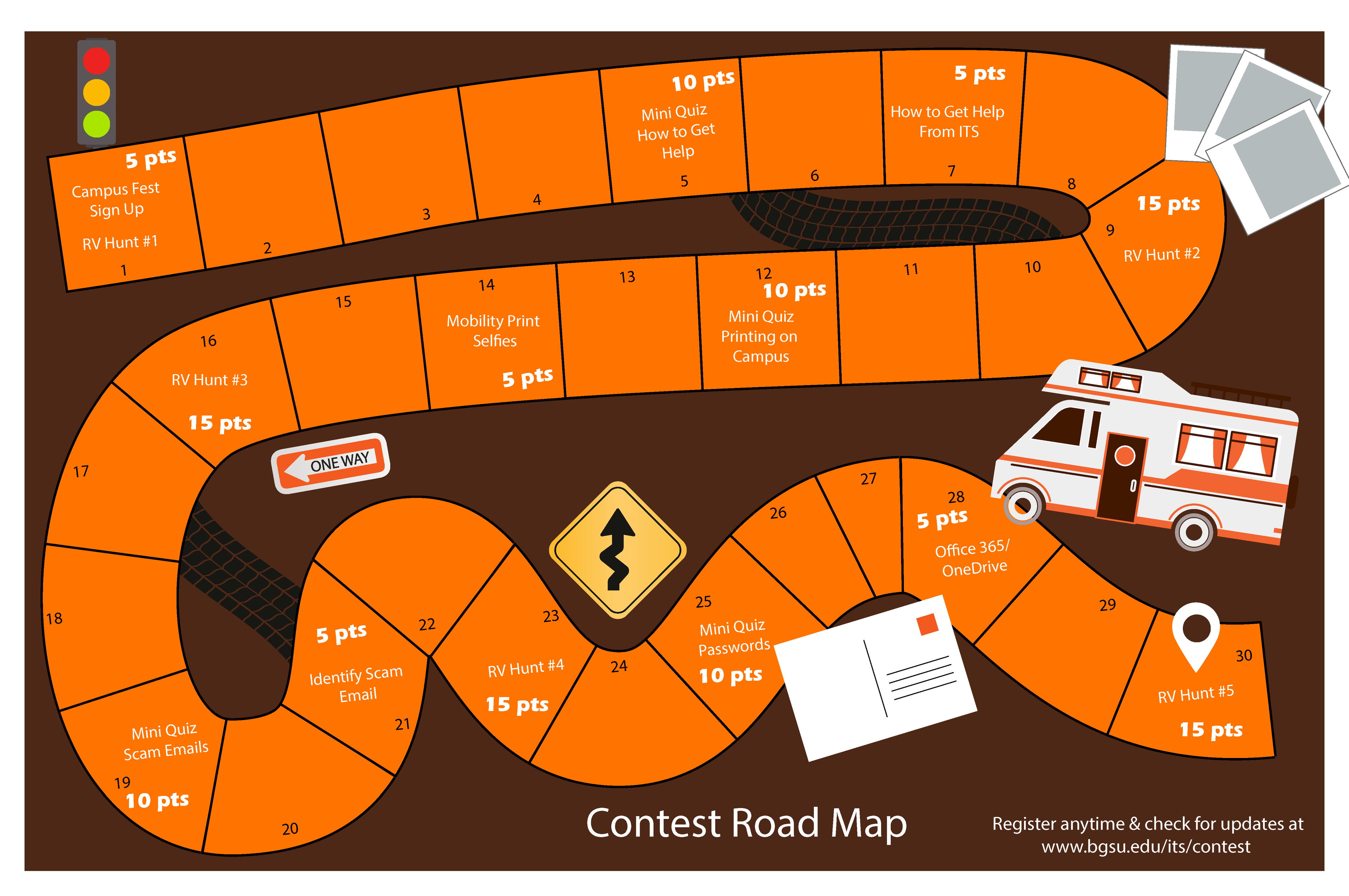 Road map image with orange board road and contest detail annotations. 30 total spaces.