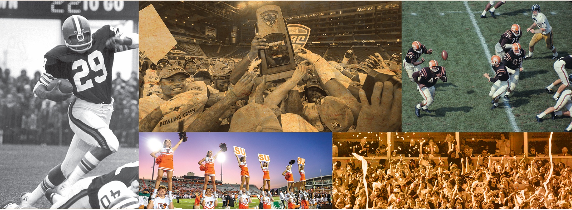 Collage of football photos including cheerleaders holding trophy and action photos