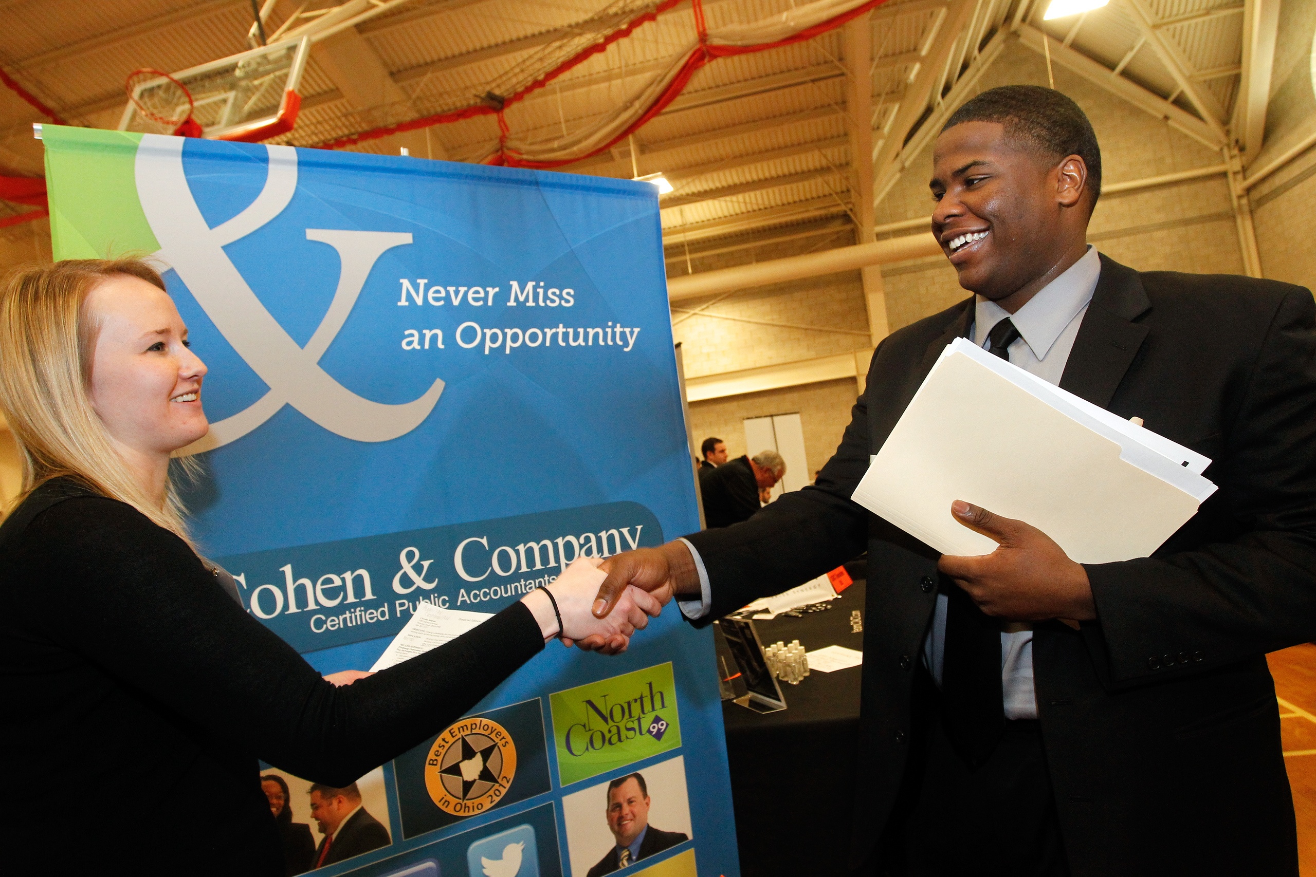 BGSU Accountancy Master’s graduates at an on-campus job fair; students are often recruited before graduating.