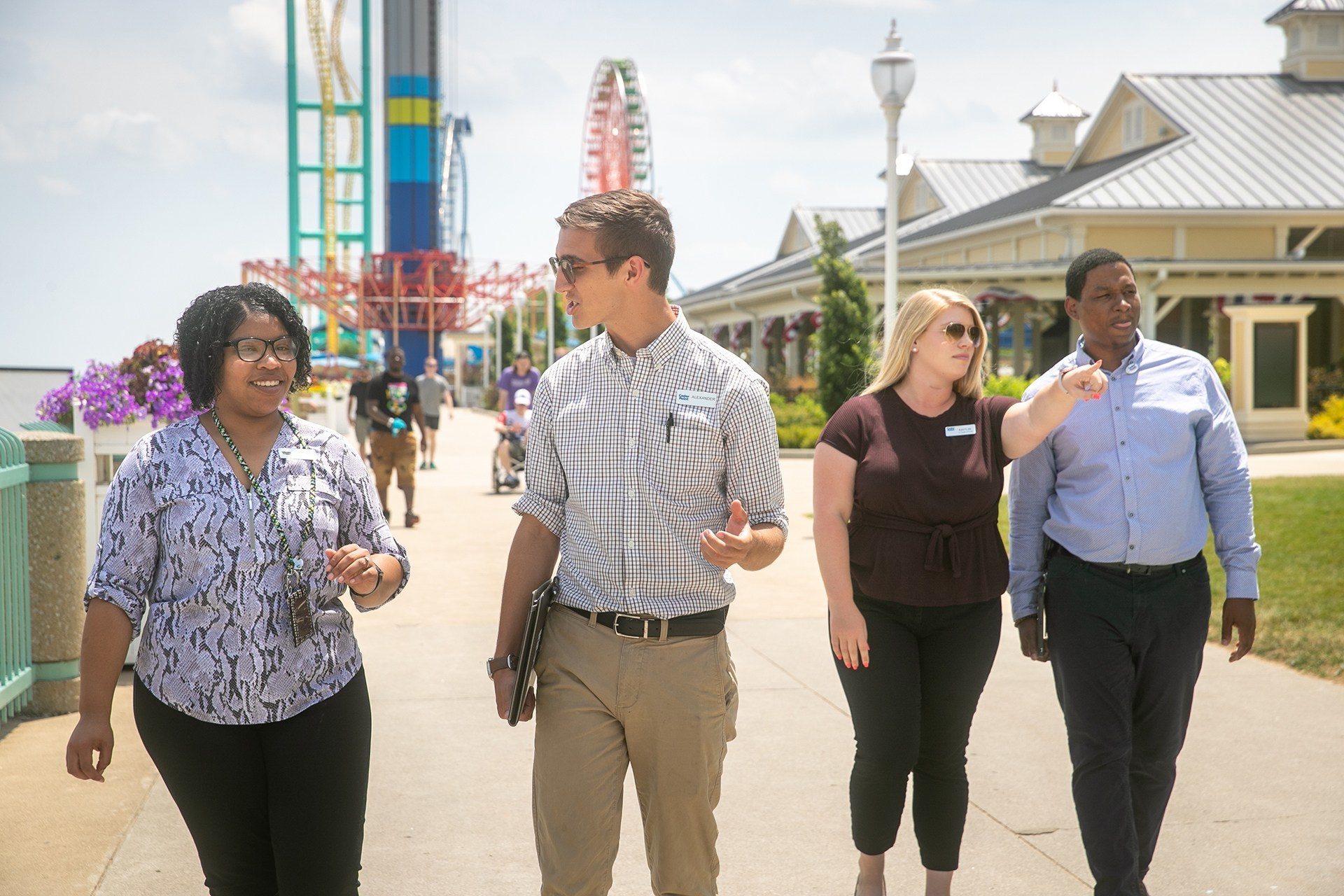 BGSU resort and attractions management students learning on the promenade at Cedar Point theme park in Sandusky, Ohio.
