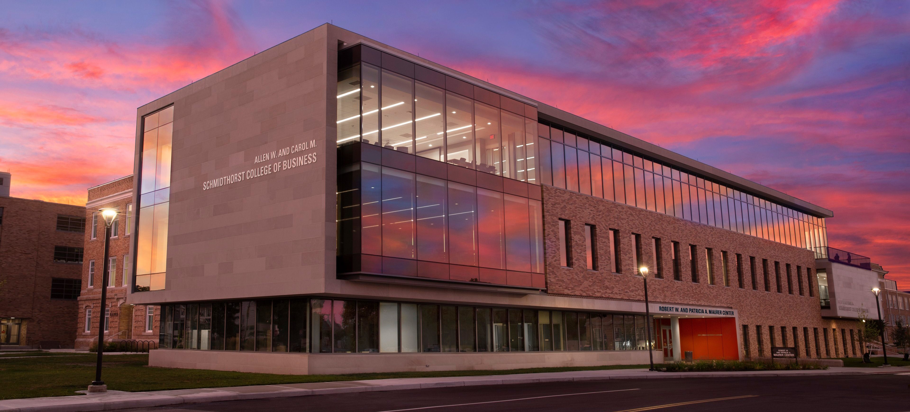 Photo of the Schmidthorst College of Business Maurer Center from Wooster Street in Bowling Green Ohio