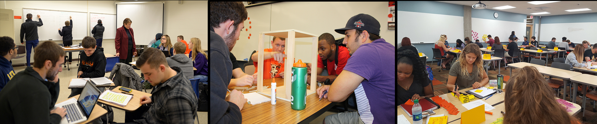 A 3 panel photo of students working on projects. 1. Students at desks and writing on whiteboards. 2. Students working on a product design prototype. 3. Students at desks working on group projects.