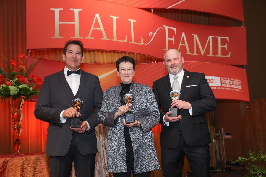 Tony Drockton, Dr. Jennifer Higdon, and Damon Ragusa at the 2023 Paul J. Hooker Center for Entrepreneurial Leadership Hall of Fame Ceremony