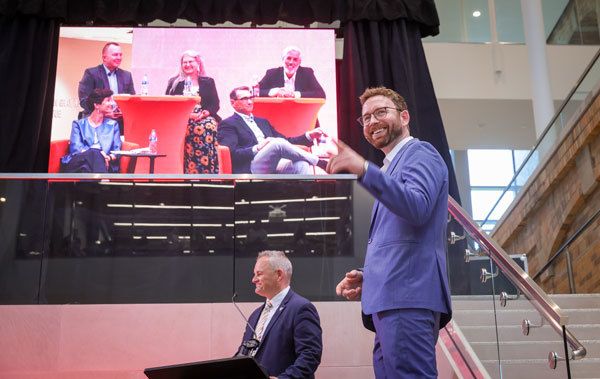 James Peet presenting to investors at the 2023 Hatch in the Maurer Center on BGSU's campus.