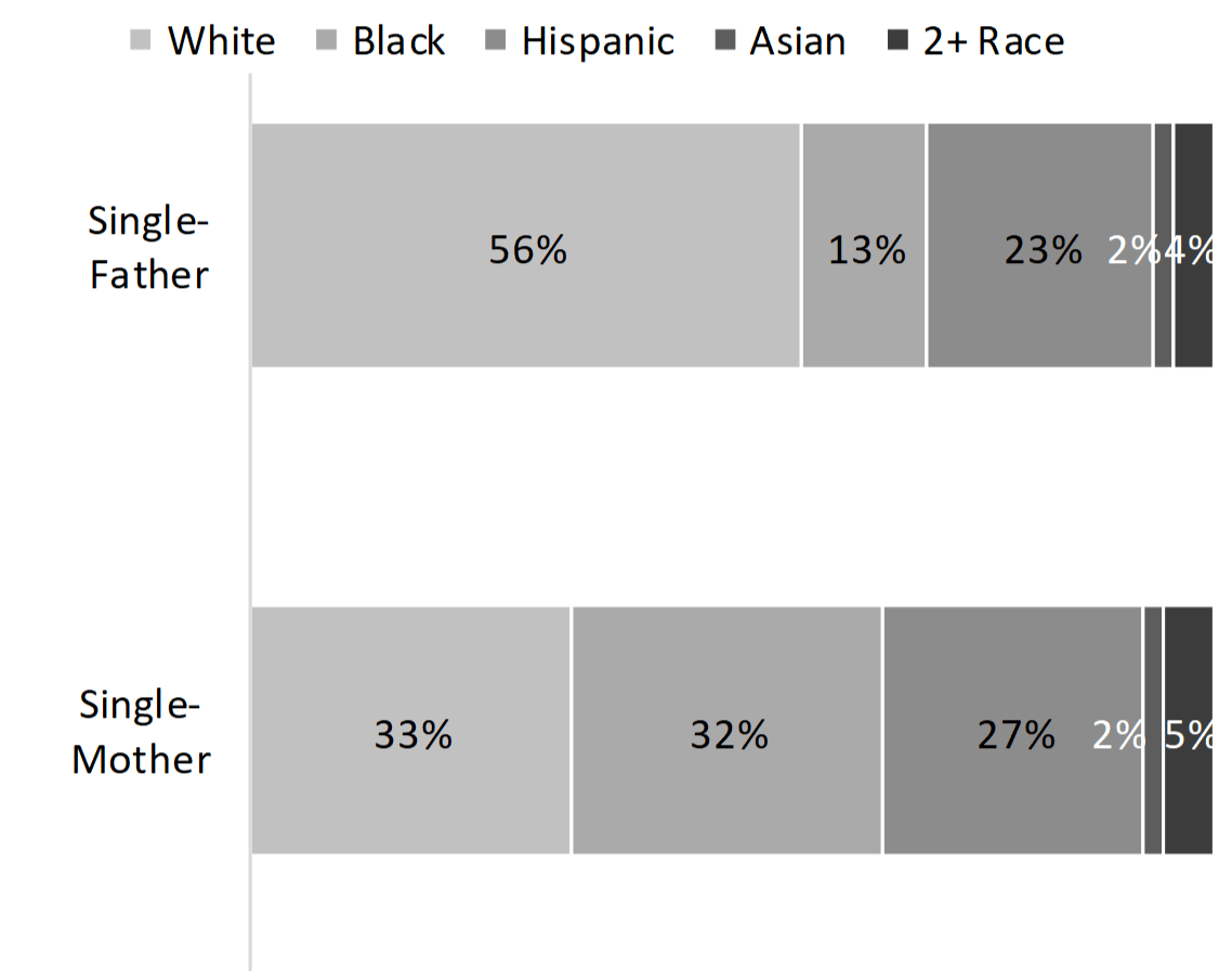 gray bar chart showing percentages of Figure 3. Variation in Racial & Ethnic Composition Among Children in Single-Parent Families, 2016