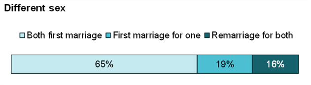 graph showing Figure 3. First marriages and remarriages among couples who married in the last year, 2021 - different sex