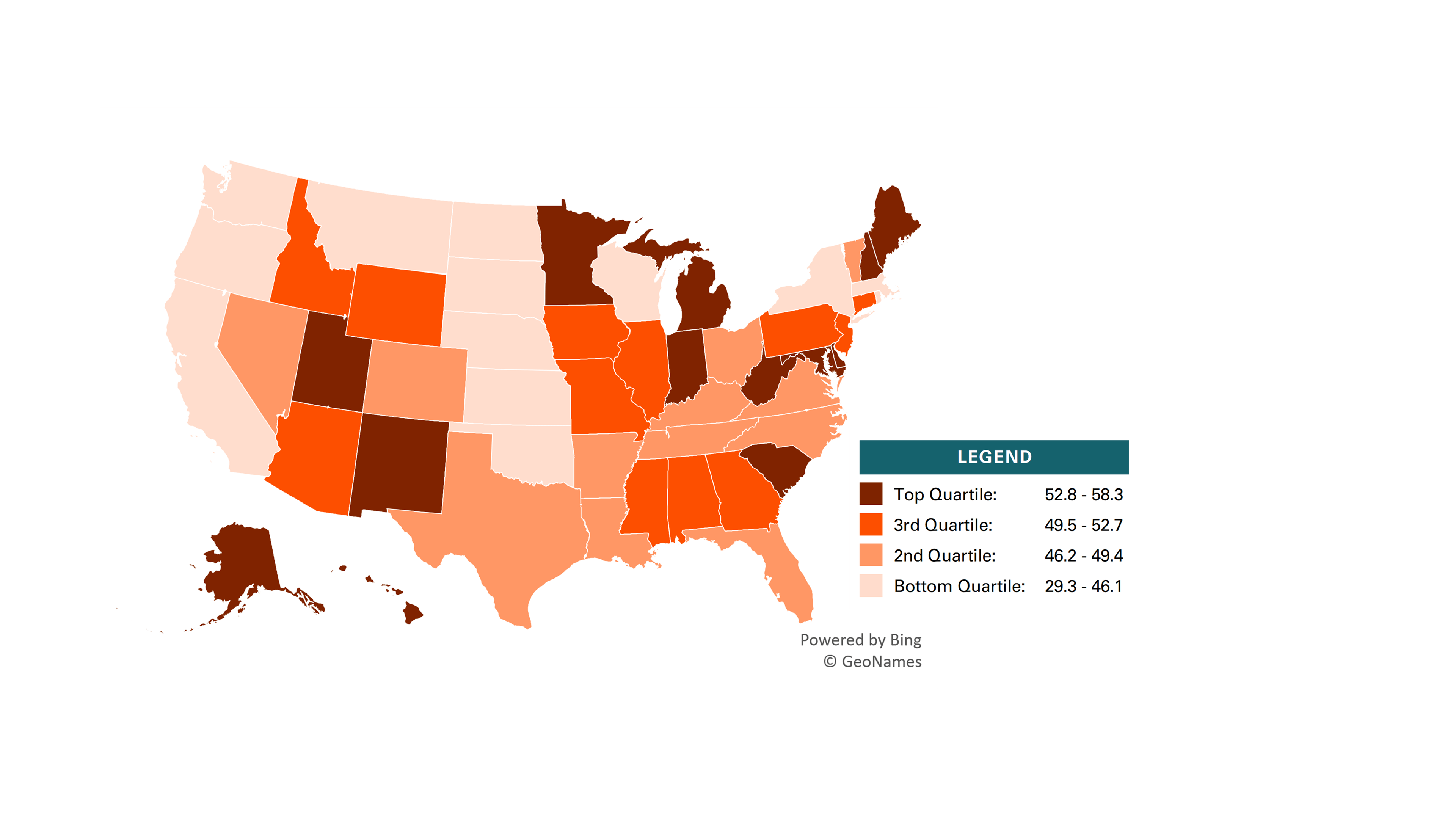 graph showing Figure 4. Geographic Variation in Percentages of Never Married Homeowners, 2021