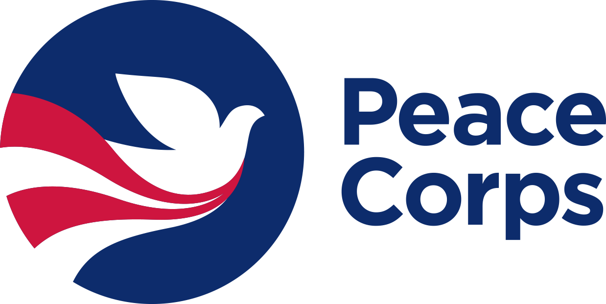a white dove on a blue and red circle background with the words Peace Corps