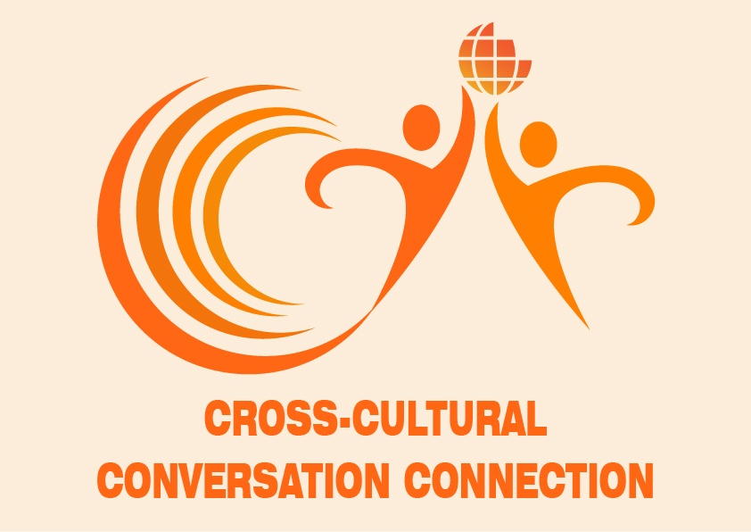 four stylized Cs with two animated people reaching towards a globe. subtext: cross-cultural conversation connection program