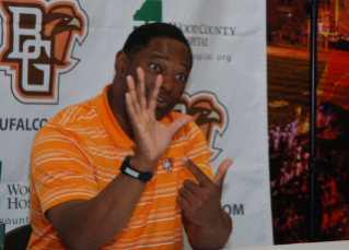 Coach Babers responds to a question asked during the mock press conference.