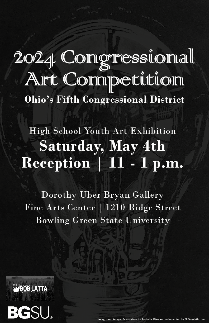 A poster that states: 2024 Undergraduate Exhibition; Dorothy Uber Bryan Gallery; BGSU Fine Art Center; February 25th – March 7th, 2024; opening reception 2 – 4 p.m. on February 25th