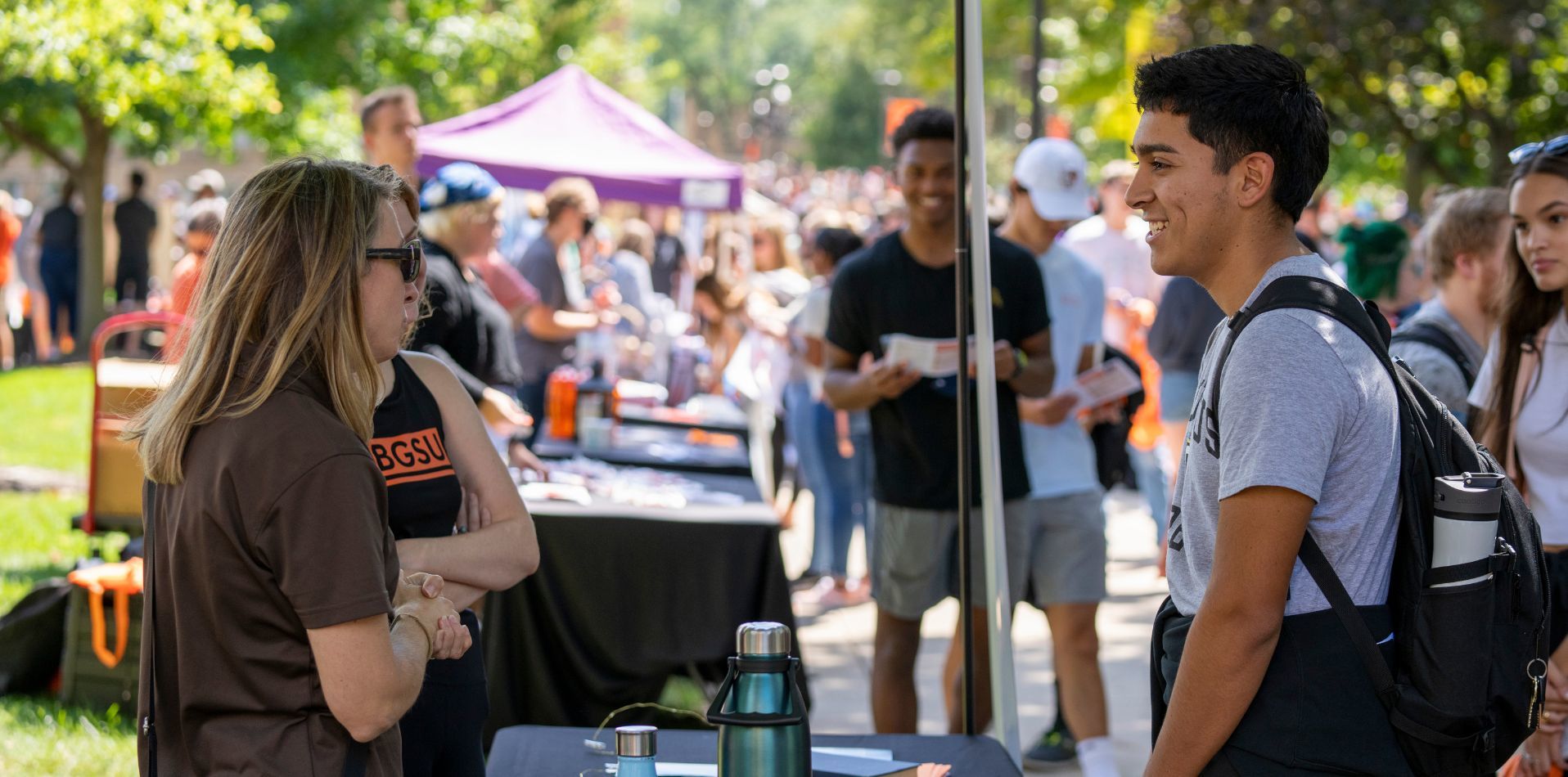 Drone shot of BGSU Students walking around at campus fest