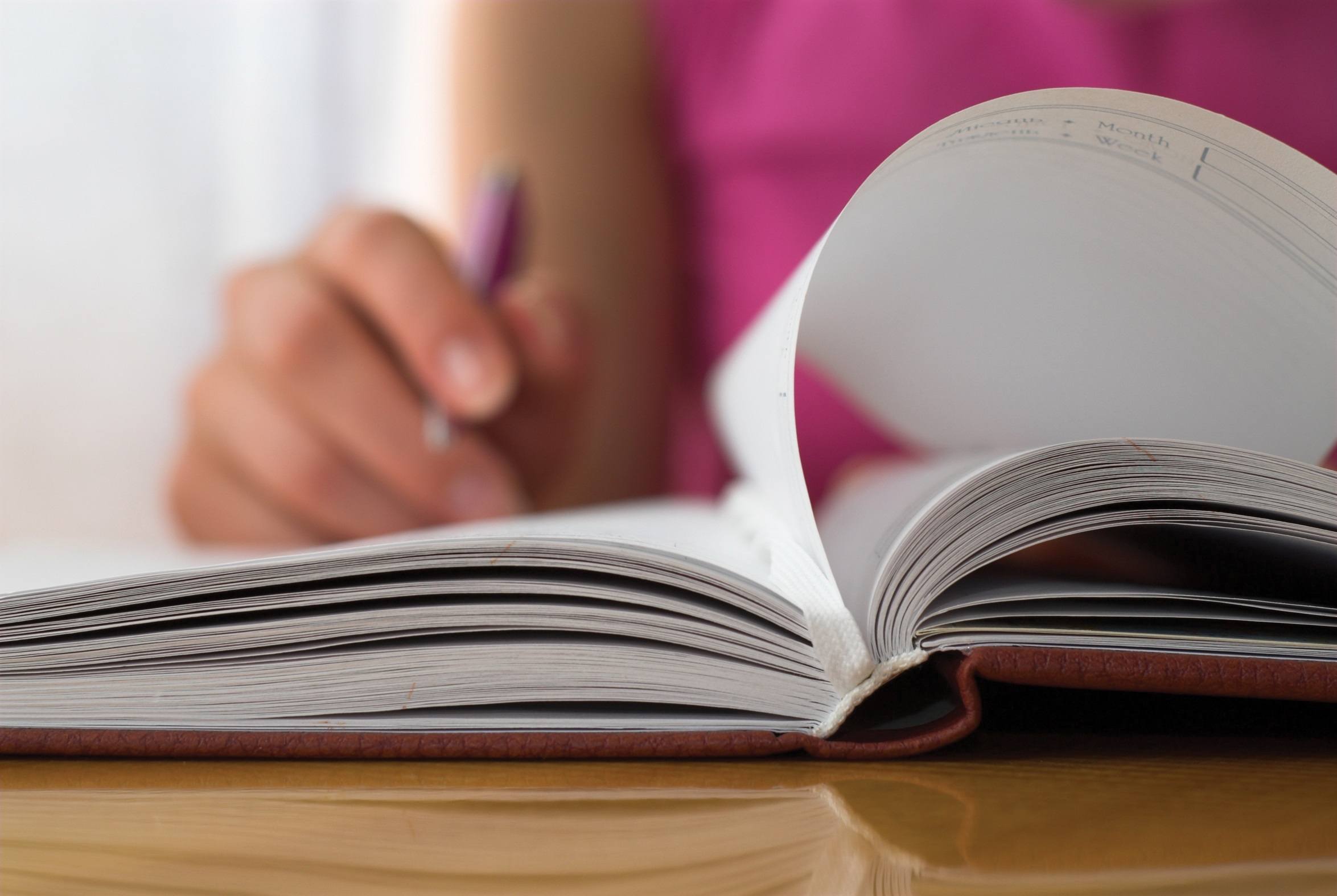 Young female opens notebook and planning her schedule.