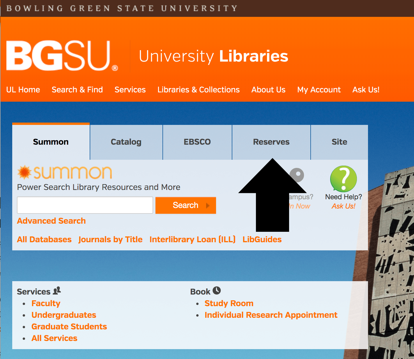 Arrow pointing to the reserves tab on the BGSU Libraries homepage