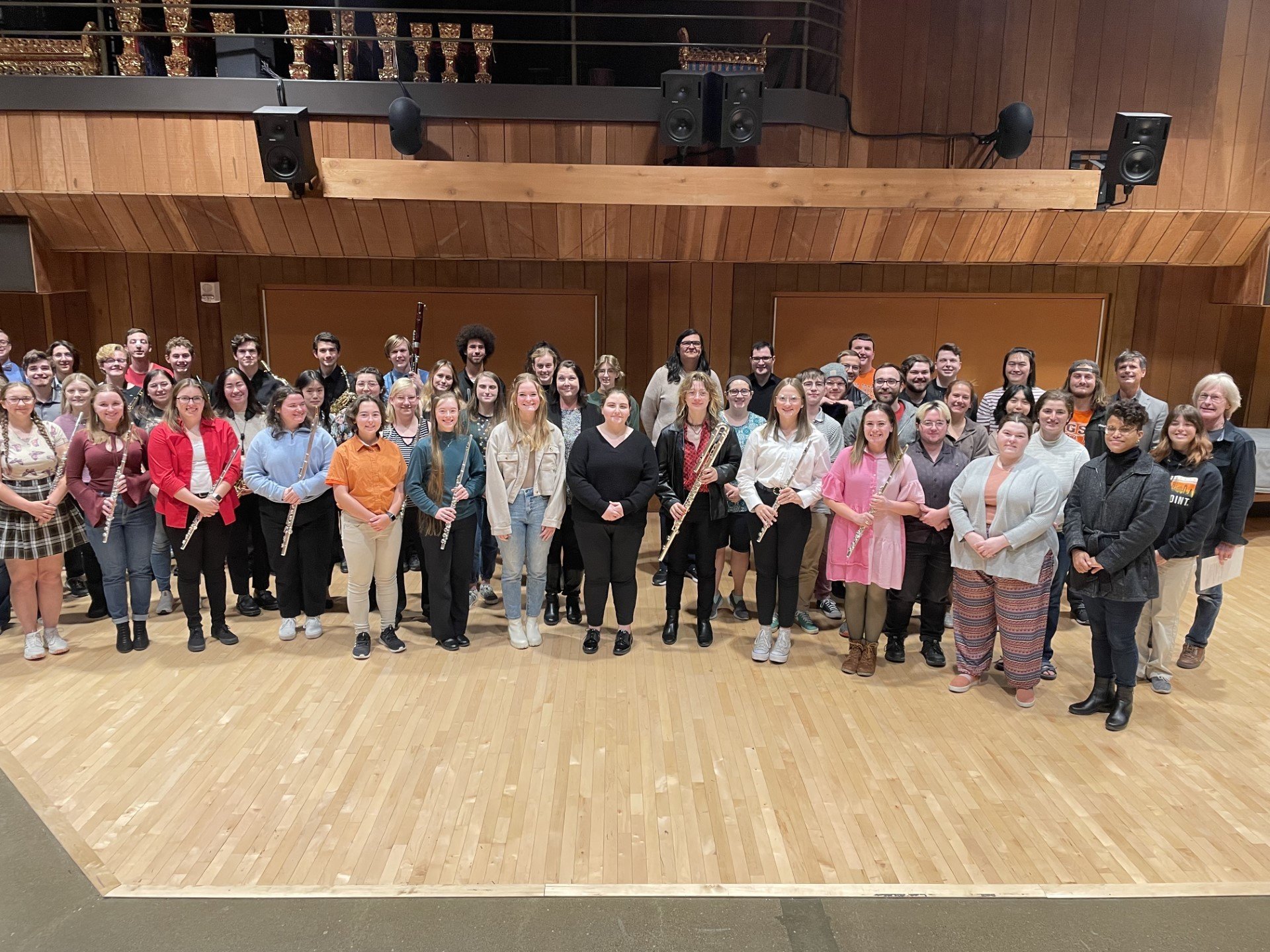 A photograph of members of the BGSU woodwind studios.