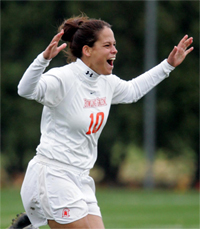 Julie Trundle celebrates her winning penalty kick