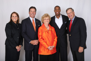 The 2015 Academy of Distinguished Alumni. Left to right is Pamela Beall, director and president of MPLX LP, John Mitchell, global practice managing partner of the health care and life sciences practice at Heidrick and Struggles, President Mary Ellen Mazey, Antonio Daniels, NBA basketball star and third-highest draft pick in Falcon basketball history, and Peter Englehart, an entrepreneur, investor and founder of Outdoor Life Network.