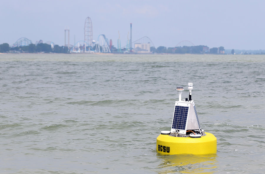Drs. George Bullerjahn and Mike McKay, biology, are leading a team studying harmful algal blooms in Sandusky Bay. A special buoy with sensors attached was deployed in the bay July 1, 2015 to gather data, which will be uploaded by satellite link and sent directly to the team’s cell phones for real-time information.
