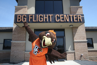 Frieda Falcon soars at  the opening of the new Bowling Green Flight Center.