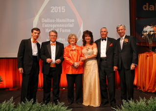 The 2015 inductees into the Dallas-Hamilton Entrepreneurial Hall of Fame celebrate with Ray Braun, dean of the College of Business Administration, and President Mary Ellen Mazey (second and third from left). Shown  left to right are Drew Forhan '81, Kathy Hunt '84, Richard Kappel '69,  and Eugene Novak '74.  The hall inducts BGSU graduates or honorary degree holders who have achieved excellence in entrepreneurship and have demonstrated an entrepreneurial spirit that inspires others.