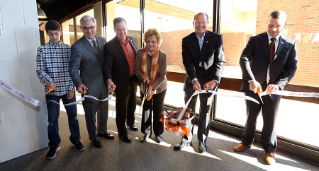 Celebrating the opening of the new lab spaces are (left to right), Matthew Carroll, junior at Huron High School and College Credit Plus student, Robert Bostwick, president, Bostwick Design Partners, William Balzer, vice president for faculty affairs and strategic initiatives and former BGSU Firelands dean, Mary Ellen Mazey, BGSU president, Daniel Keller, BGSU Board of Trustees, and Andrew Kurtz, dean of BGSU Firelands.