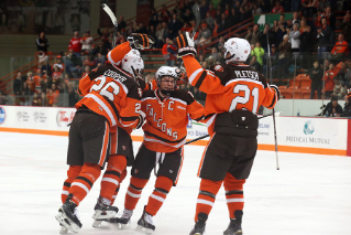 In December, the Bowling Green State University hockey team climbed two spots to No. 12 nationally in the USCHO.com poll and one spot to No. 13 in the USA Today/USA Hockey Magazine poll