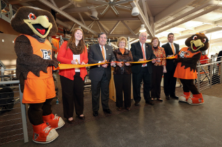 February 27, 2015 was a special day for the Department of Recreation and Wellness as BGSU faculty, staff, students, alumni, and  community members gathered to celebrate the completion of the Student Recreation Center renovation with a ribbon cutting ceremony. Left to right are Freddie Falcon, Kelsey Hammersmith, Mike Wilcox, Mary Ellen Mazey, Fran Voll, Jill Carr, Steve Kampf, and Frieda Falcon.
