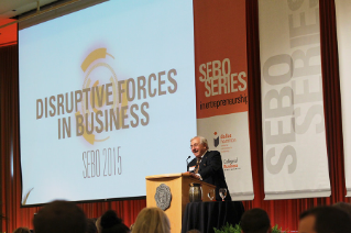 Dr. J. Robert Sebo '58, '13 (Hon.) welcomes guests to the 2015 Sebo Series in Entrepreneurship.