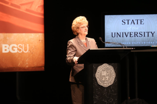 President Mary Ellen Mazey sets the stage for the 2015-16 academic year at her Aug. 28 State of the University Address. Lauding the University community's accomplishments, she urged  its members to employ innovation to lift BGSU to even higher levels, calling upon everyone to serve as “agents of change.”