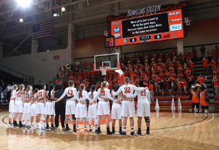 The Bowling Green State University women's basketball team celebrate a win over the University of Evansville Aces at the Stroh Center.