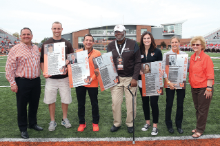 2017 Hall of Fame inductees during on-field recognition at the Northern Illinois football game, with President Mazey and Bob Moosbrugger ‘94