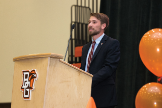 Student-Athlete Advisory Committee president and student-athlete Kohl Taberner '18 (Men’s Cross Country) speaks during Friday’s induction ceremony