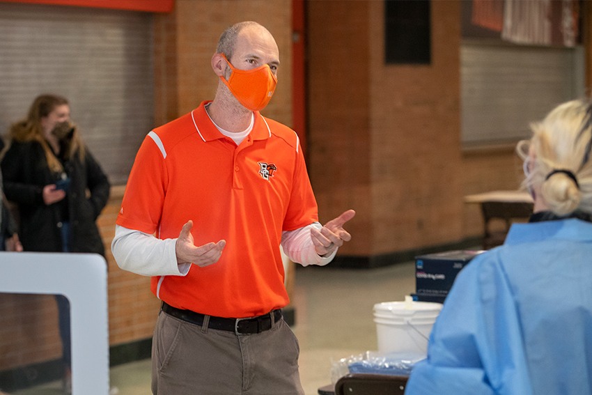 BGSU Chief Health Officer Ben Batey leads BGSU's COVID-19 testing site inside Memorial Hall