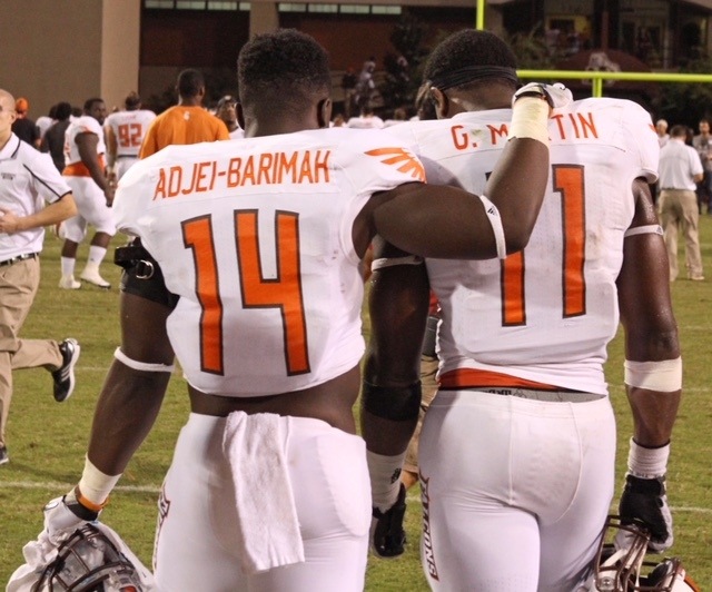 Gabe Martin and Jude Adjei-Barimah in BGSU uniform