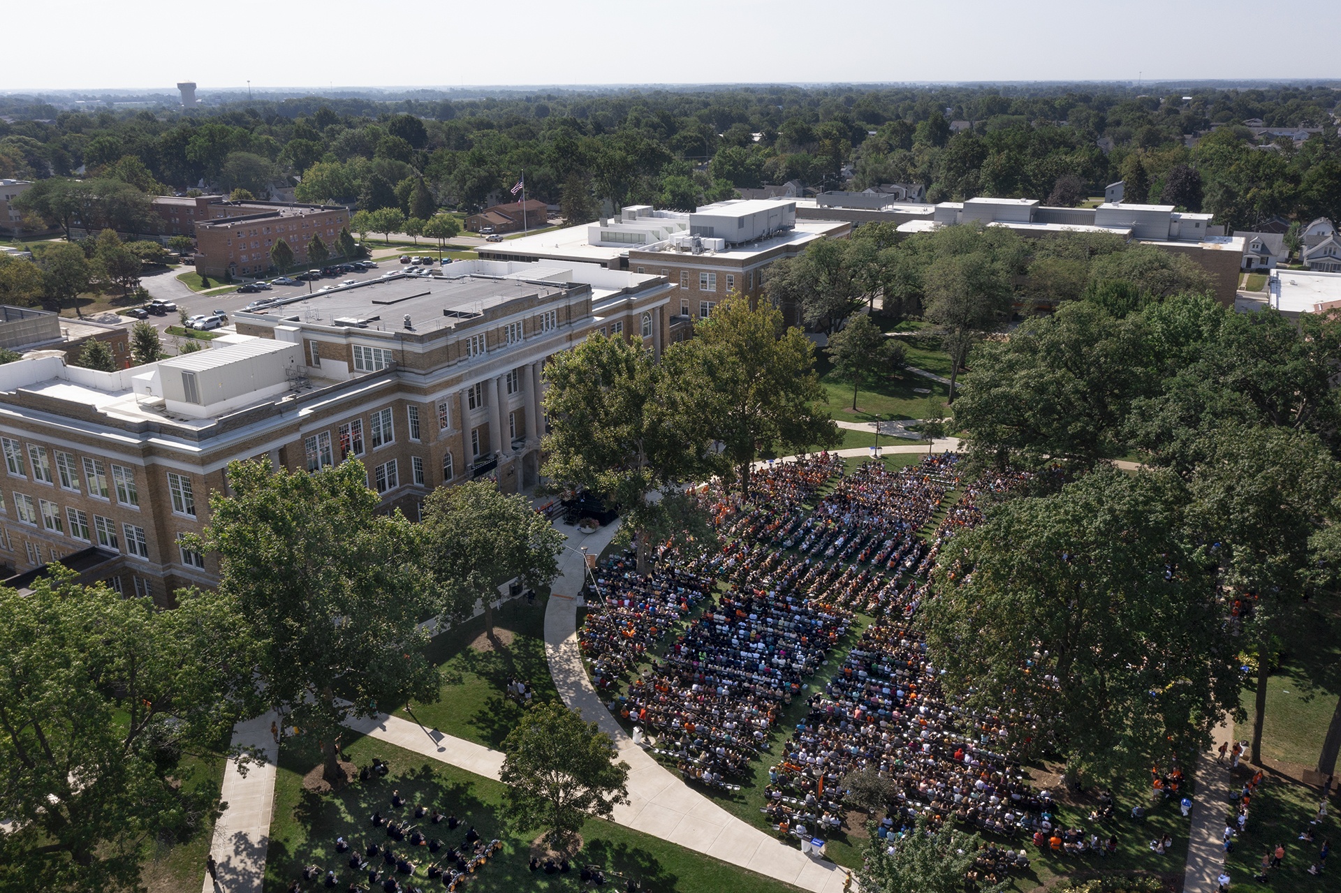 An aerial view of Convocation on the Bowen-Thompson Quadrangle outside of University Hall.