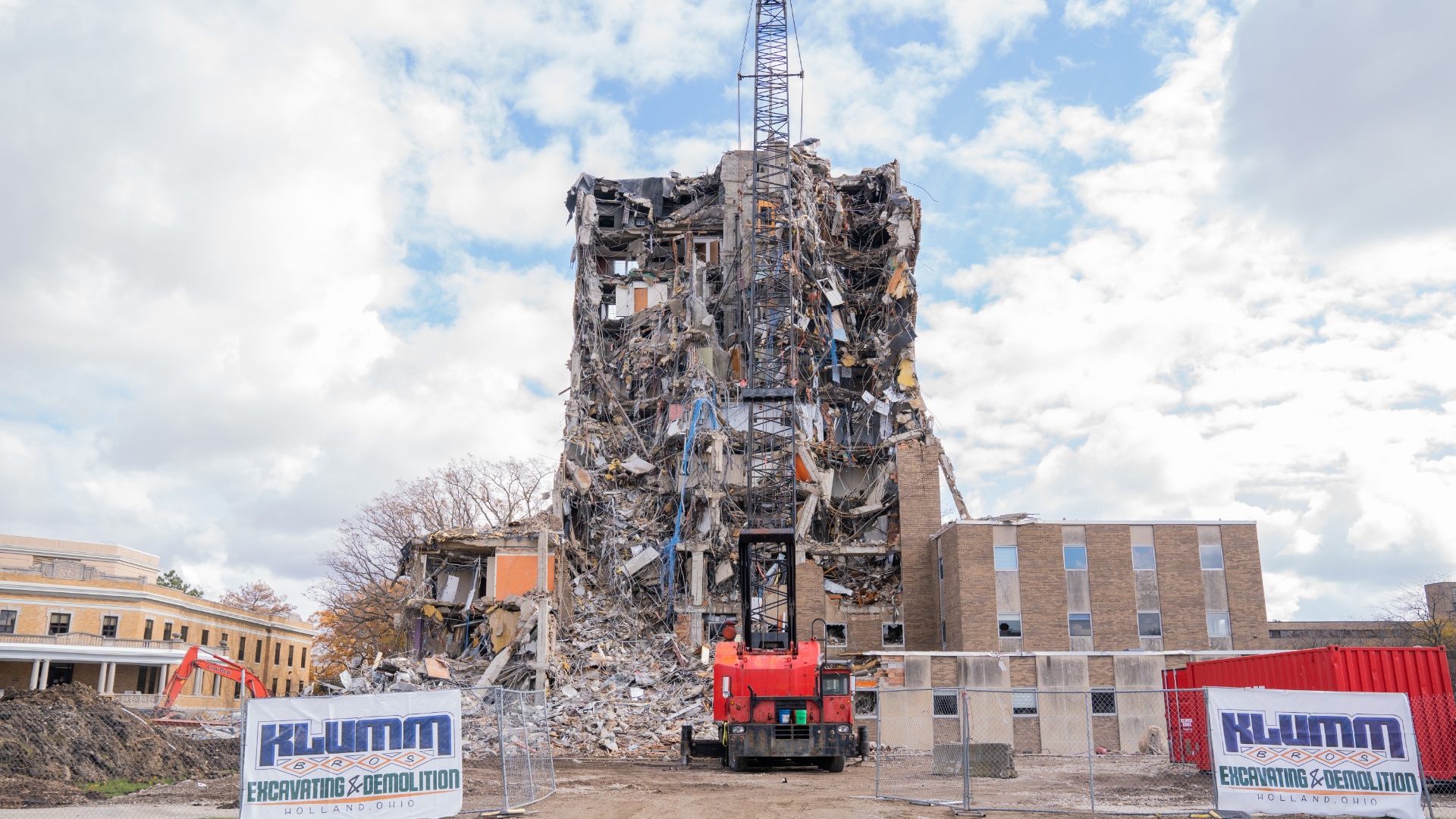 construction site sits in front of the administration building, the entire front half of the building has been demolished