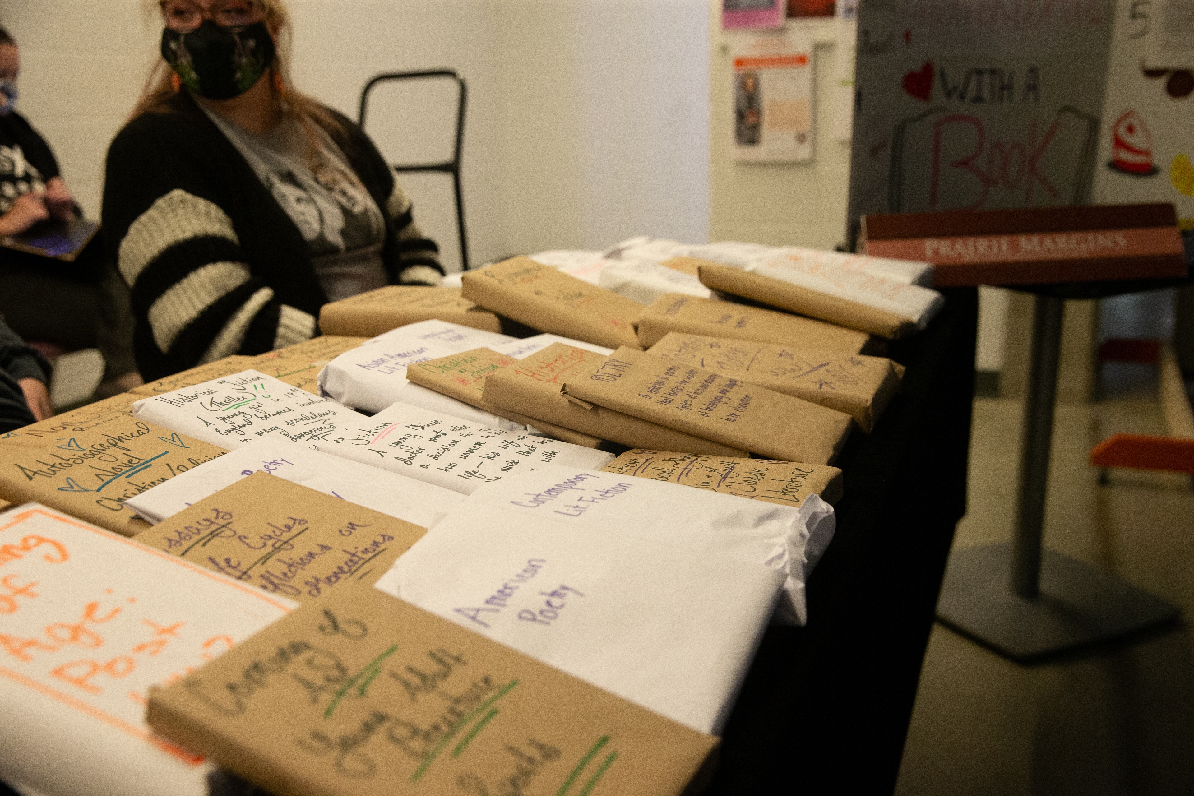 Wrapped books on table