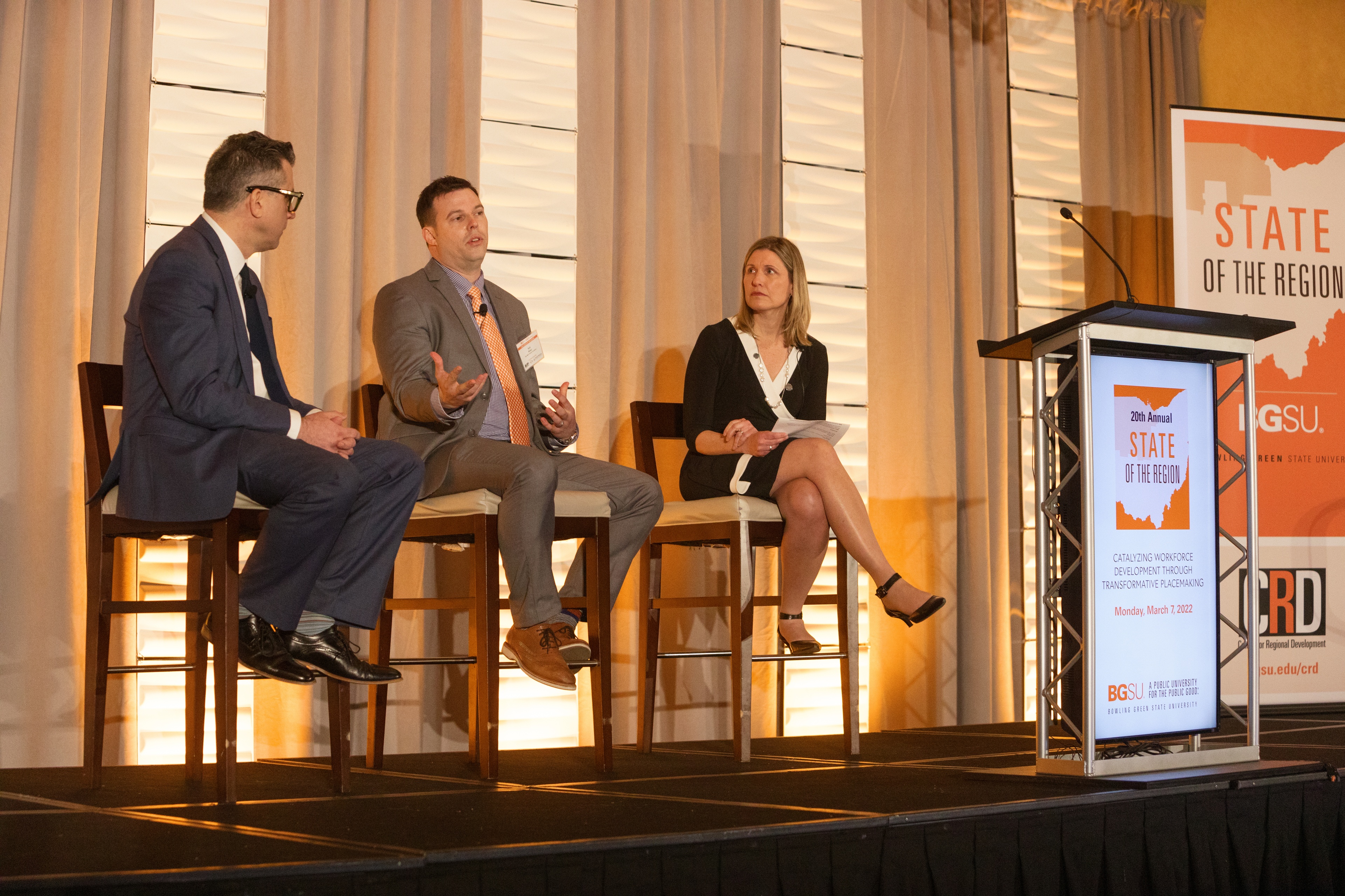 Panel discussion with Marc Folk, Seth Baker, and Jennifer Vey at the 20th Annual State of the Region Conference.