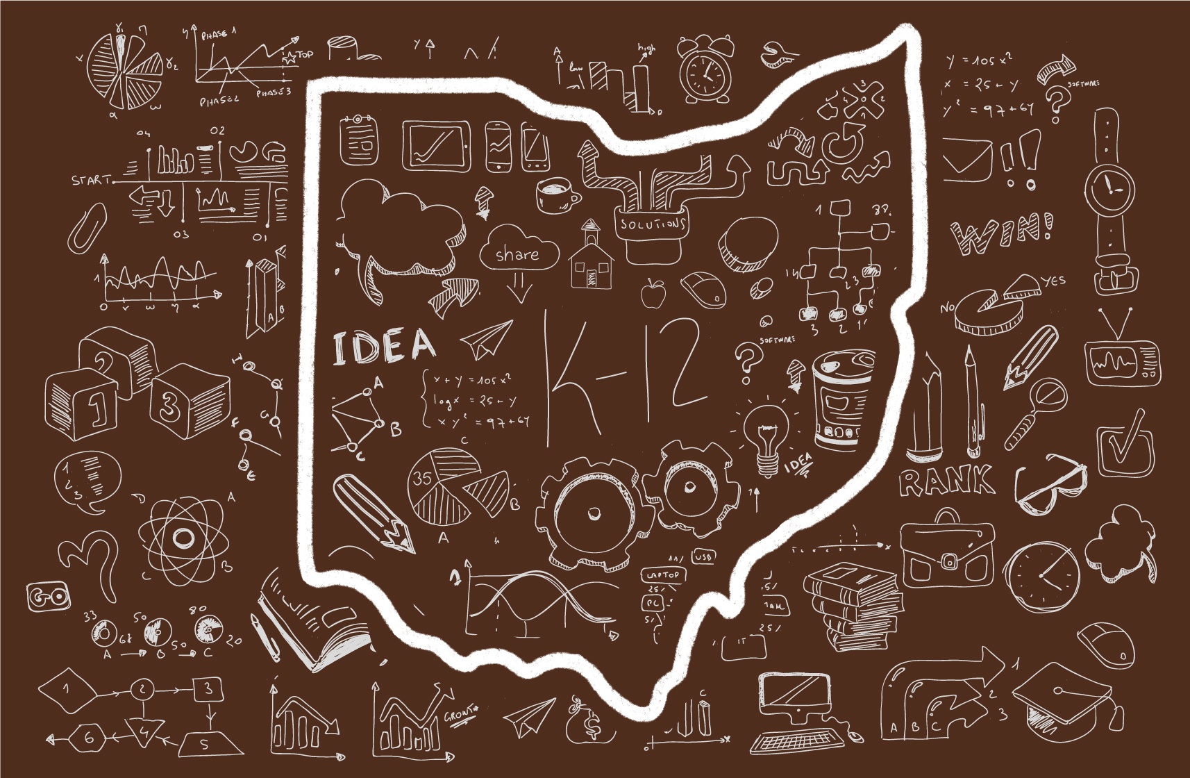 Graphic of sketched educational related images surrounded by an outline of Ohio