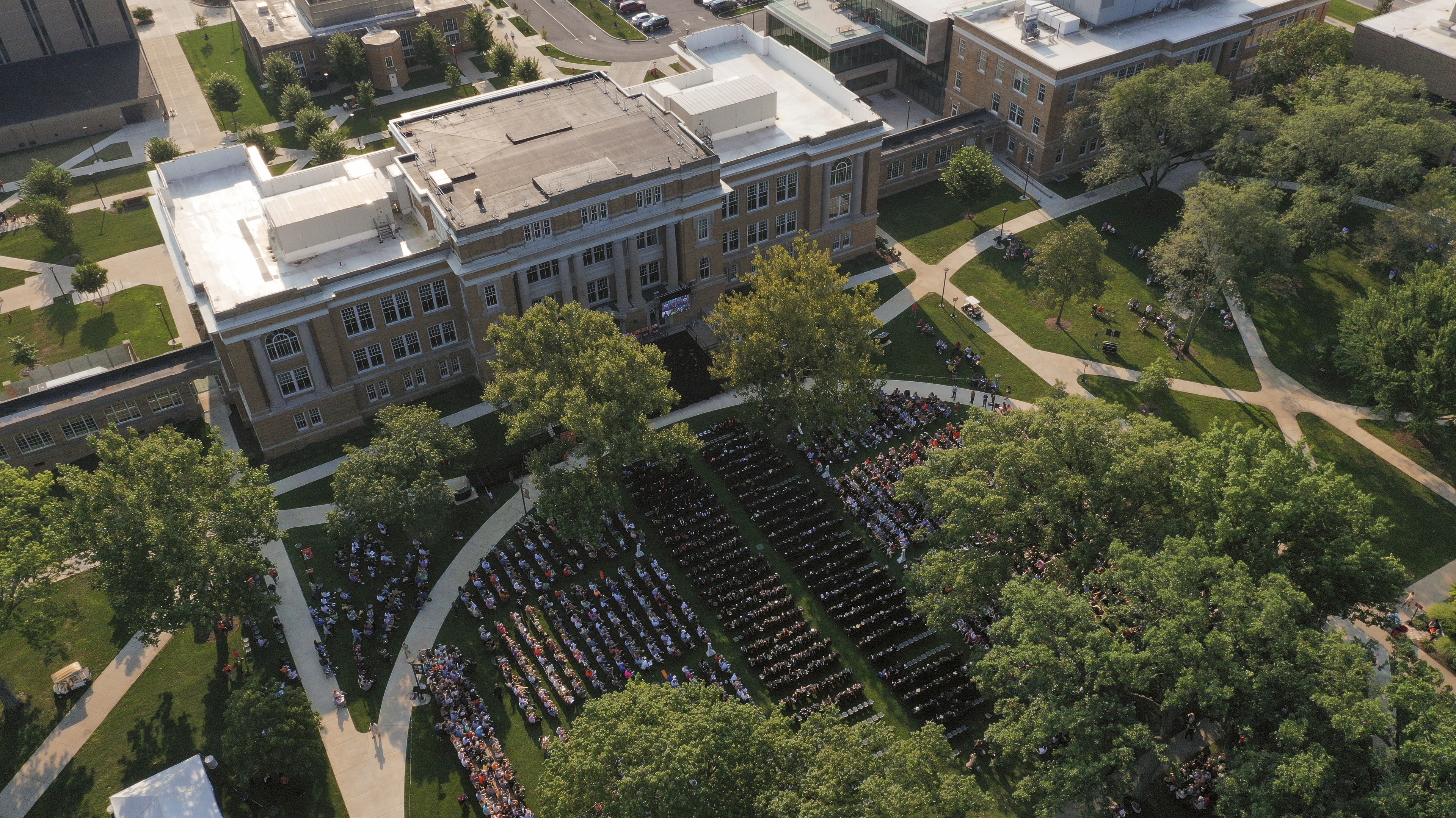 Drone shot above University Hall