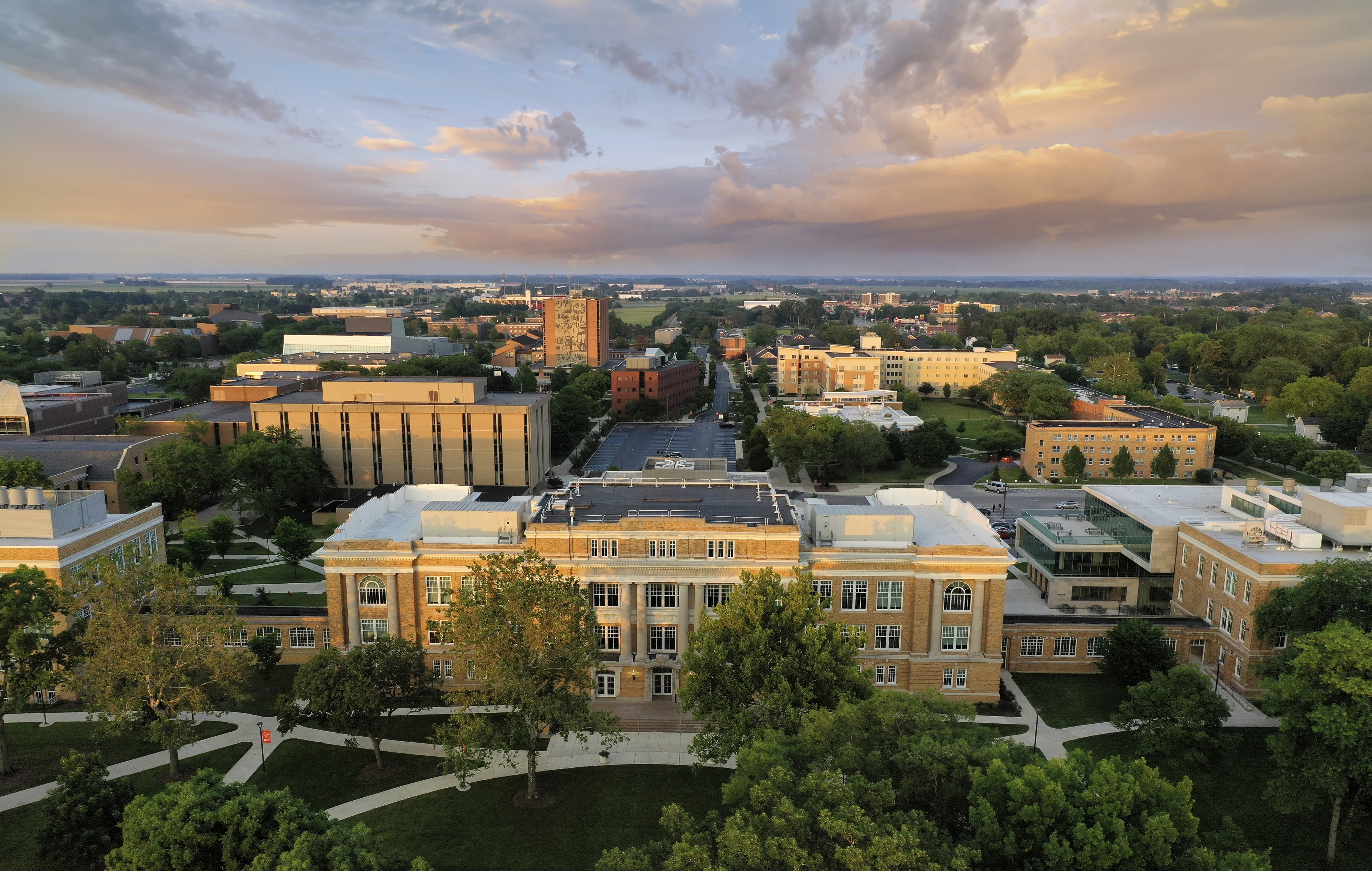 Aerial photograph over University Hall on BGSU campus at sunset