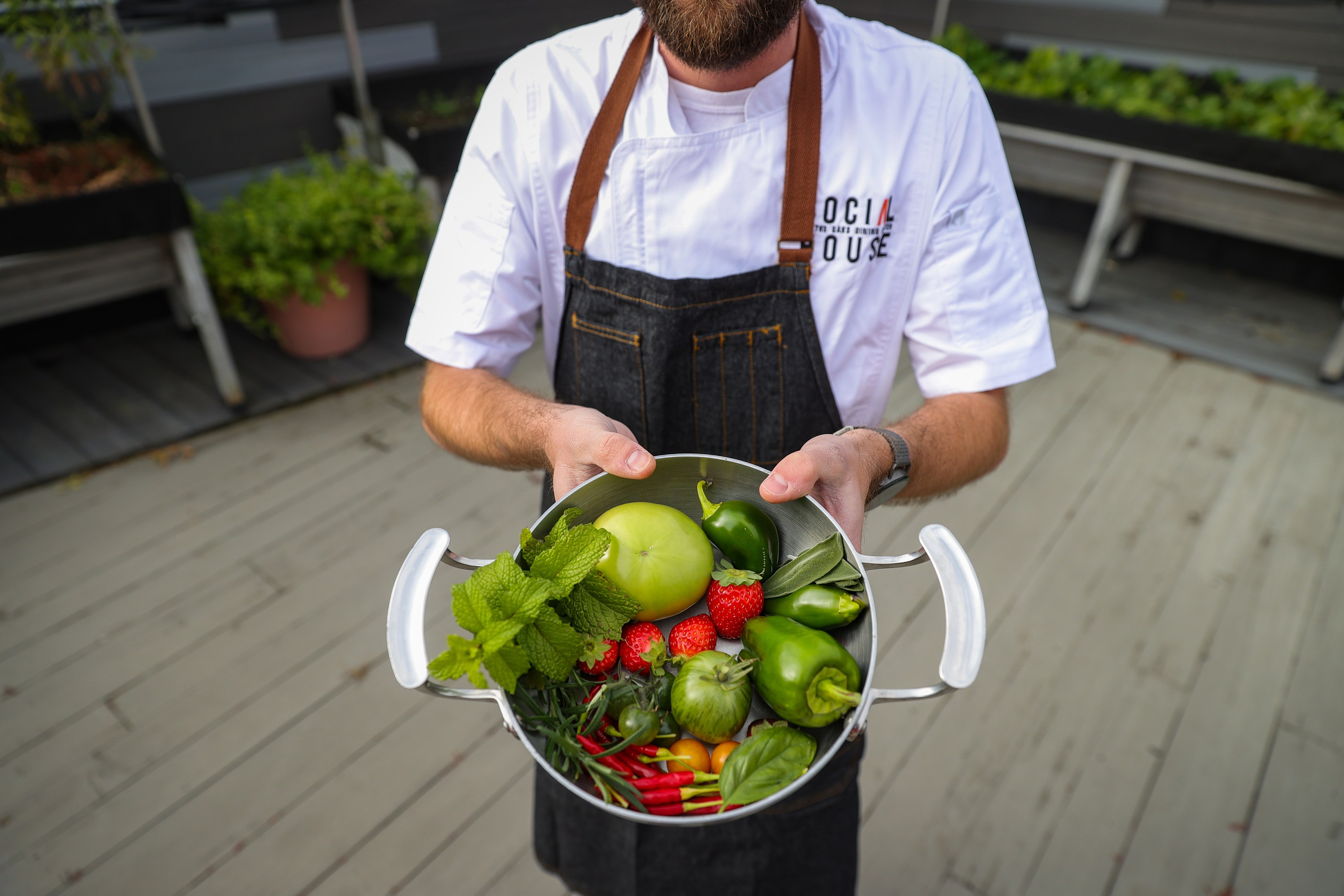 chef holding a bowl of fruits and vegetables