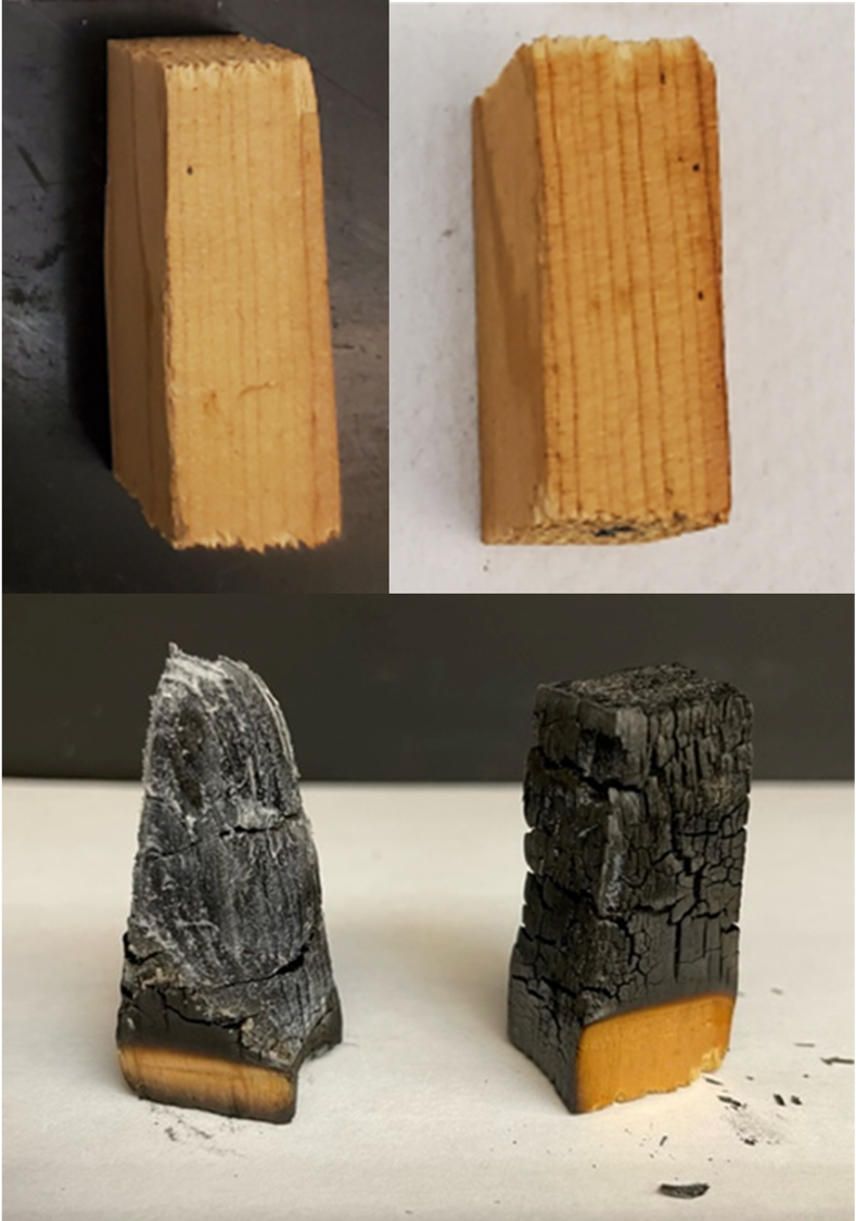 Comparison of an uncoated (left) and coated (right) wood surface through direct exposure to fire. The coated wood extinguished itself in 11 seconds and maintained its shape, which could be useful in areas prone to forest fires. 