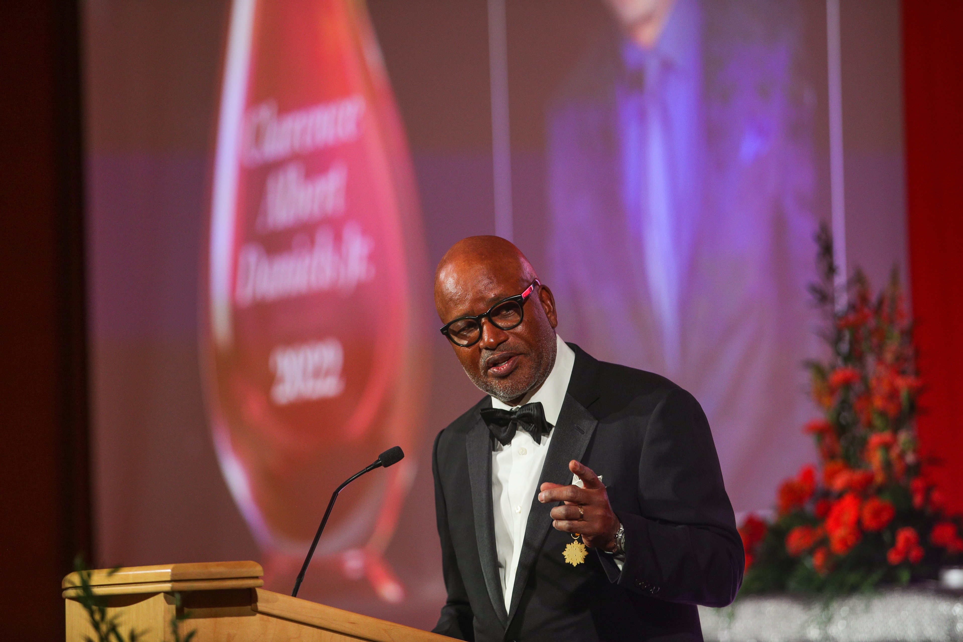 BGSU alumnus Clarence Albert Daniels Jr. speaks at a podium