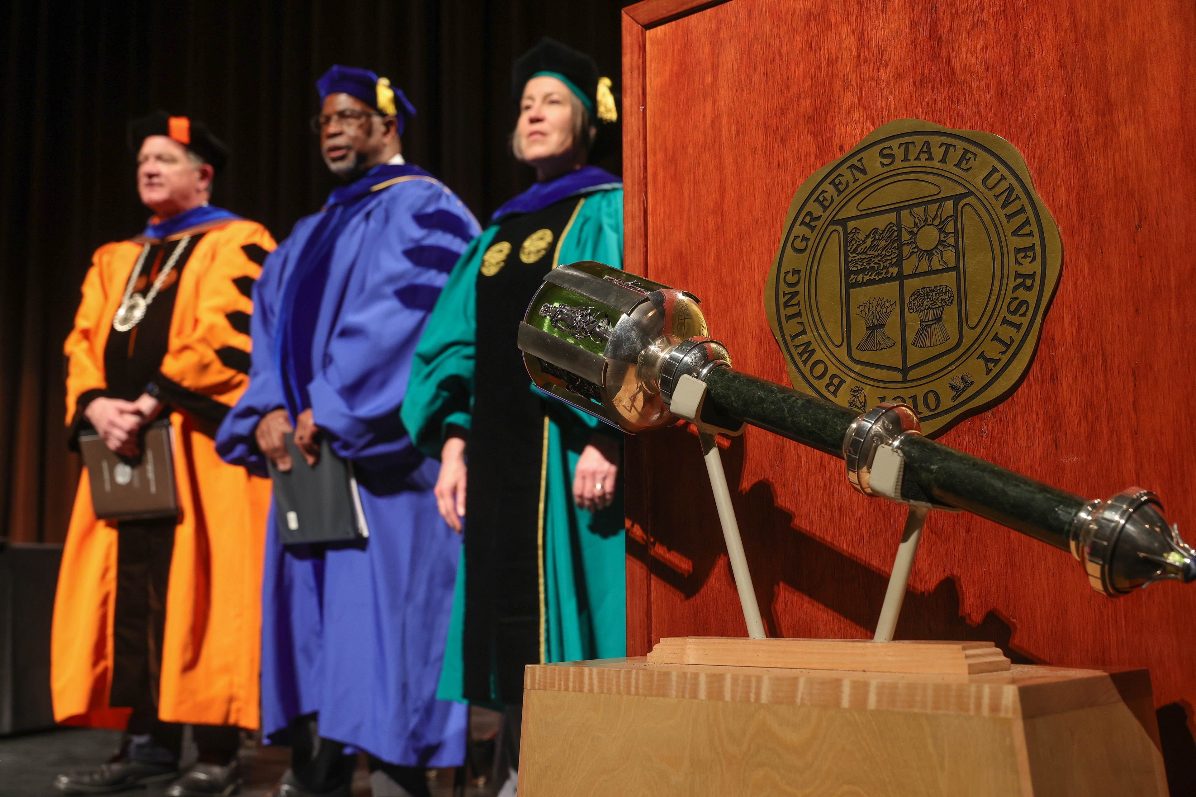 BGSU President Rodney K. Rogers, Provost Joe B. Whitehead Jr. and Dean Jennifer Waldron with the University Mace