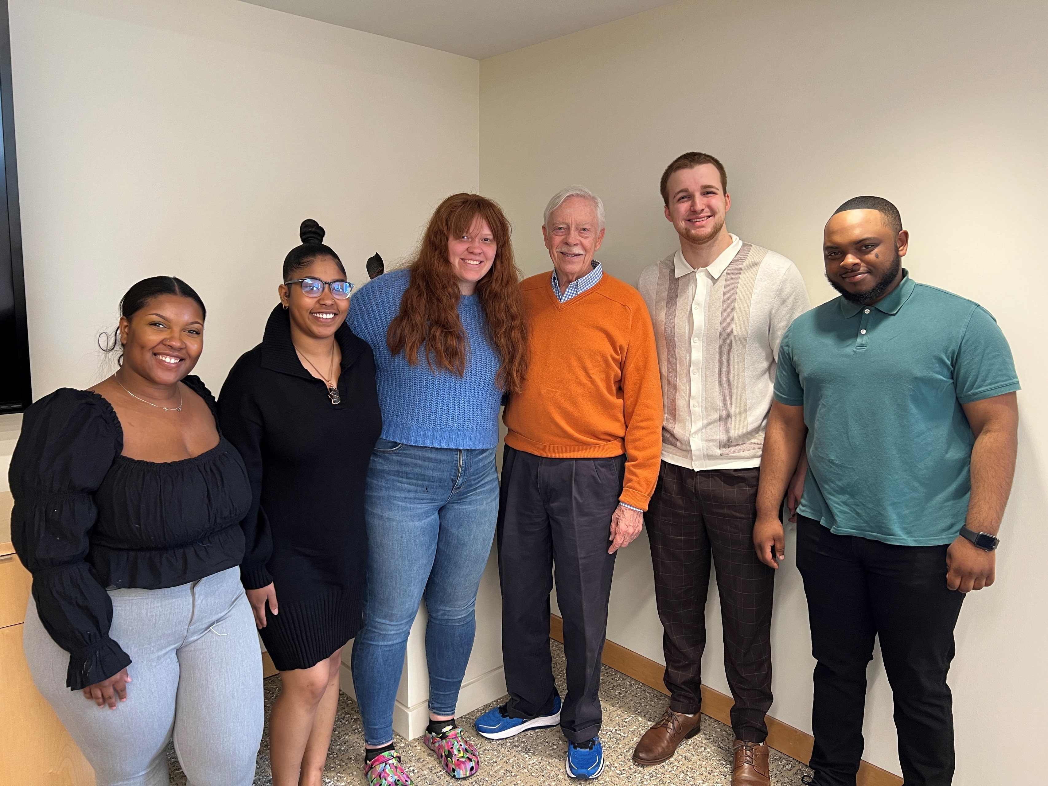 Five students stand with BGSU donor C. Raymond Marvin