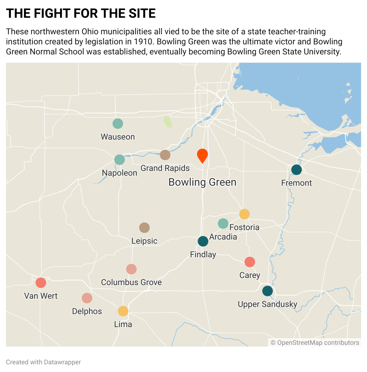 Map of northwestern Ohio shows the locations of the following municipalities that vied to become a teacher training college in 1910: Arcadia, Bowling Green, Carey, Columbus Grove, Delphos, Findlay, Fostoria, Fremont, Grand Rapids, Leipsic, Lima, Napoleon, Upper Sandusky, Van Wert and Wauseon. Bowling Green was chosen for the site and eventually became Bowling Green State University.