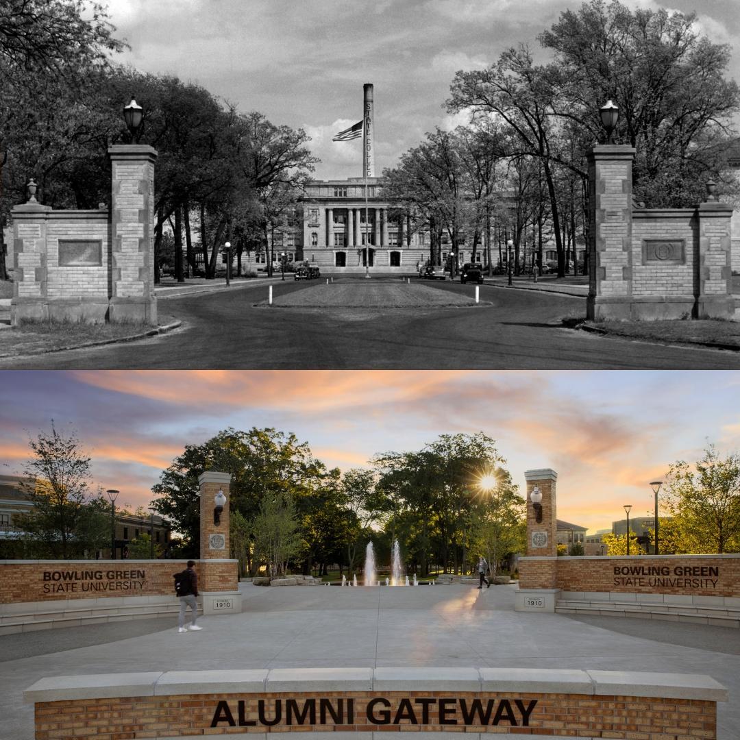 Top photo shows the historic gateway to campus in the 1920s; bottom photo shows the new BGSU Alumni Gateway constructed in 2022