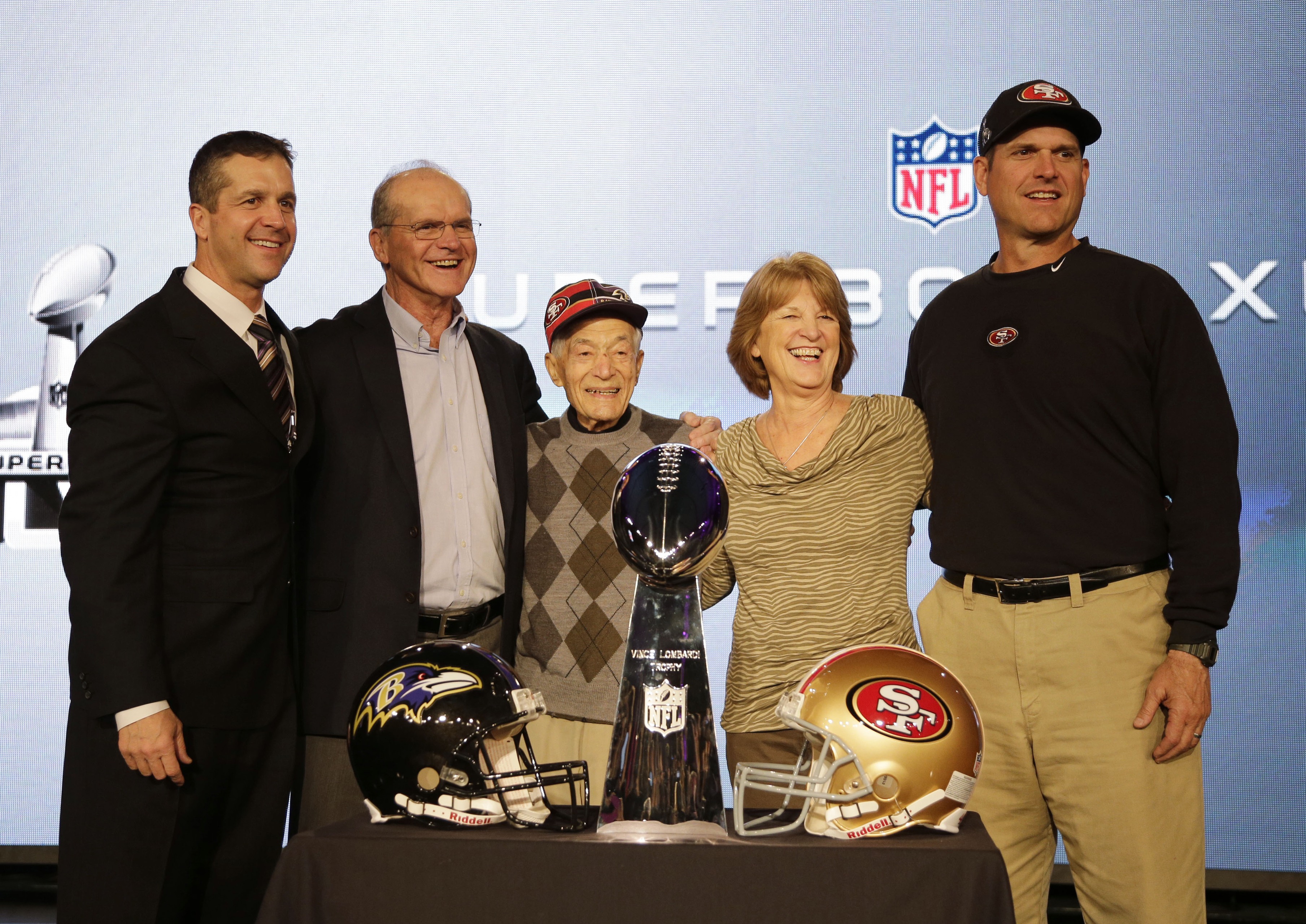 From left to right, Baltimore Ravens coach John Harbaugh, BGSU alumnus Jack Harbaugh, Joe Sepedi (grandfather of Jim and John Harbaugh), Jackie Harbaugh, and Jim Harbaugh.