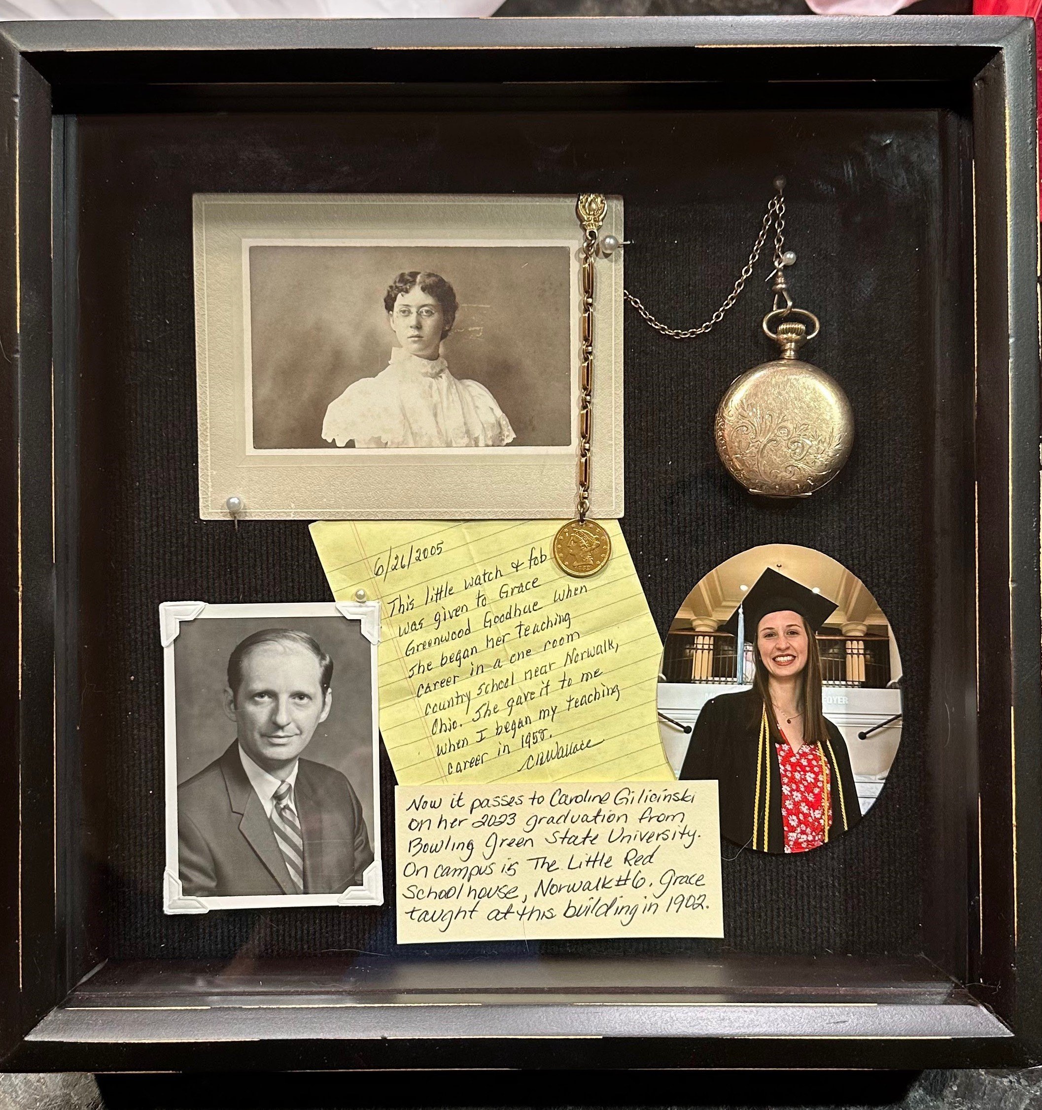 A shadow box shows a gold pocket watch with photos of recent BGSU graduate Caroline Gilicinski as well as her grandfather, Charles Wallace, and great-great-grandmother, Grace Greenwood Goodhue, all of whom became educators.